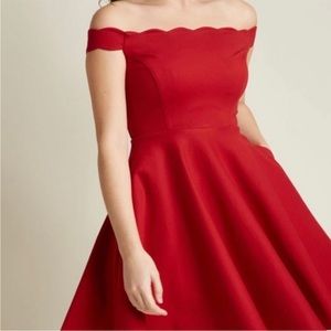 ModCloth off the shoulder Red scalloped dress